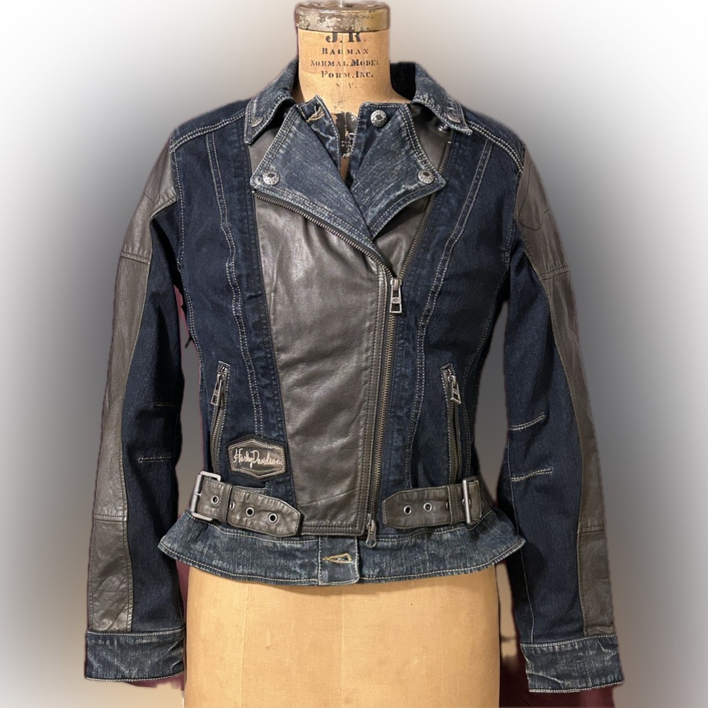 HARLEY DAVIDSON Women’s Leather & Denim Motorcycle Riding Jacket Size M (NWT)